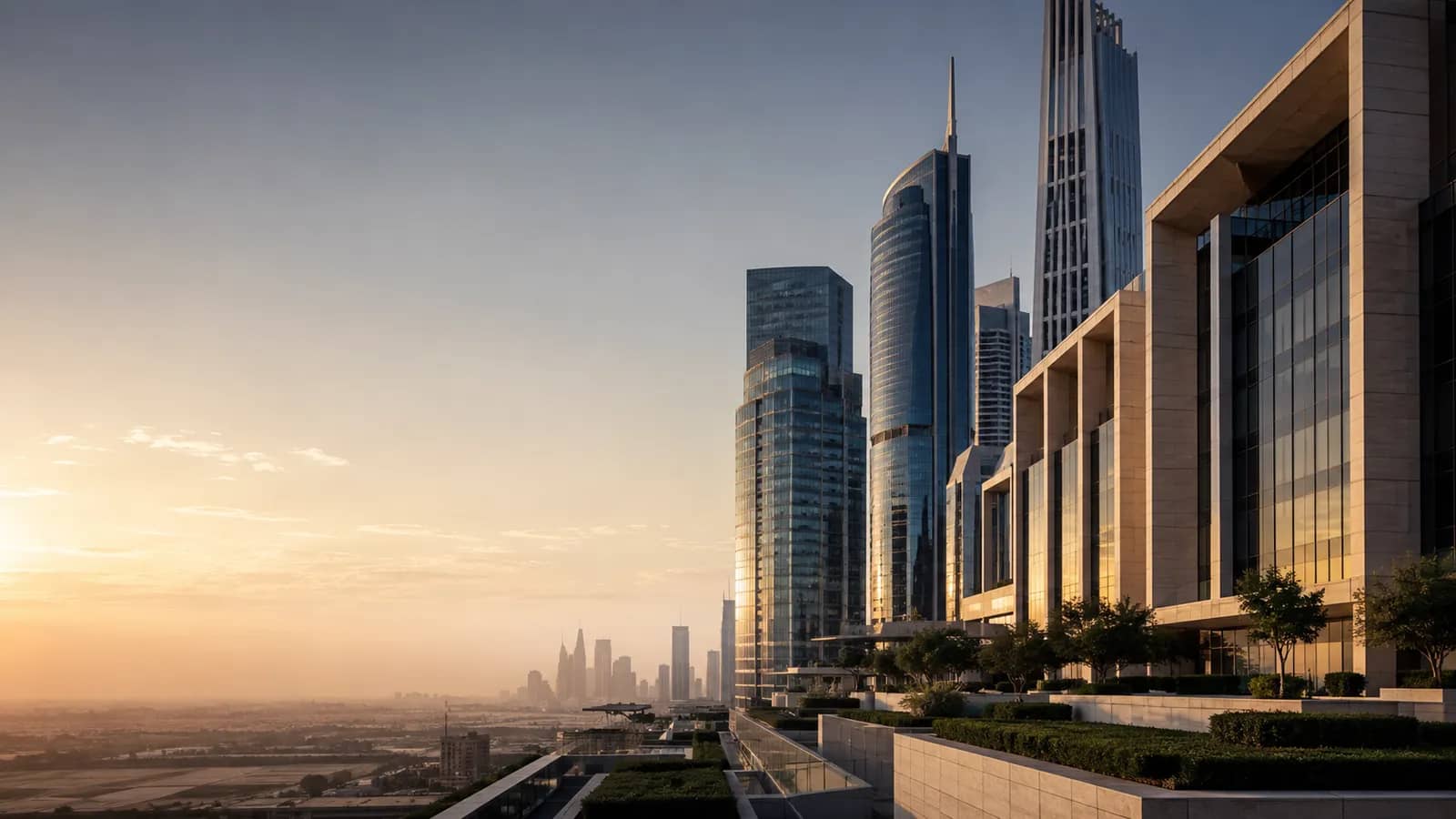 Dubai corporate office towers at golden hour